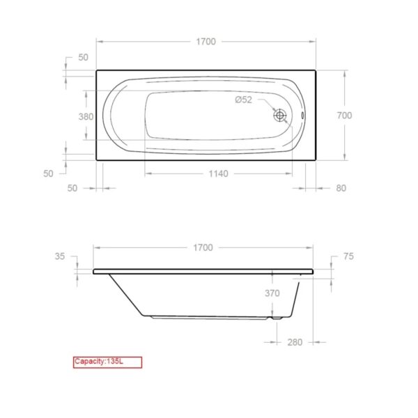 LOTUS 1700 x 700mm Single Ended Bath - Image 2