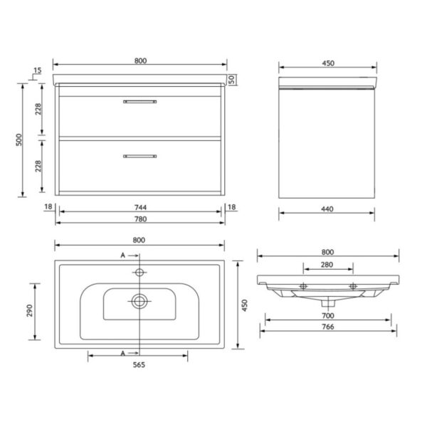 FINLAND Midnight Grey Matt 80cm Wall Hung Vanity Unit - Brushed Chrome Handle - Image 2