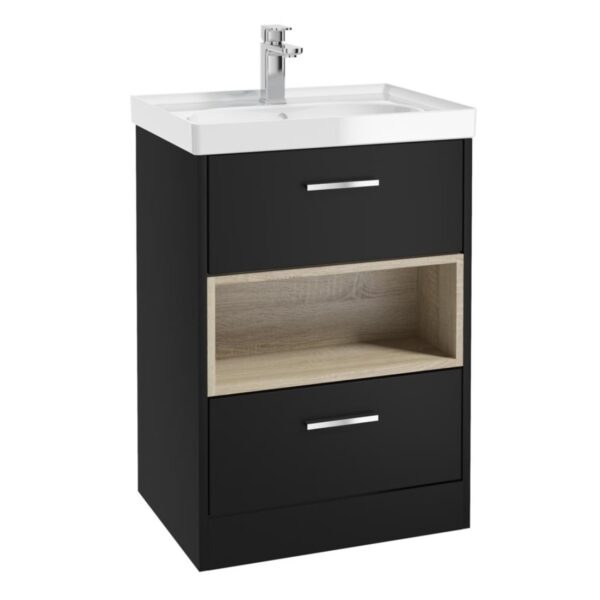 MALMO 60cm Two Drawer Matt Black Floor Standing Vanity Unit Gloss Basin- Brushed Chrome Handle