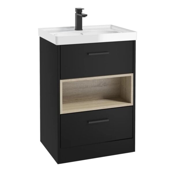 MALMO 60cm Two Drawer Matt Black Floor Standing Vanity Unit Gloss Basin- Matt Black Handle