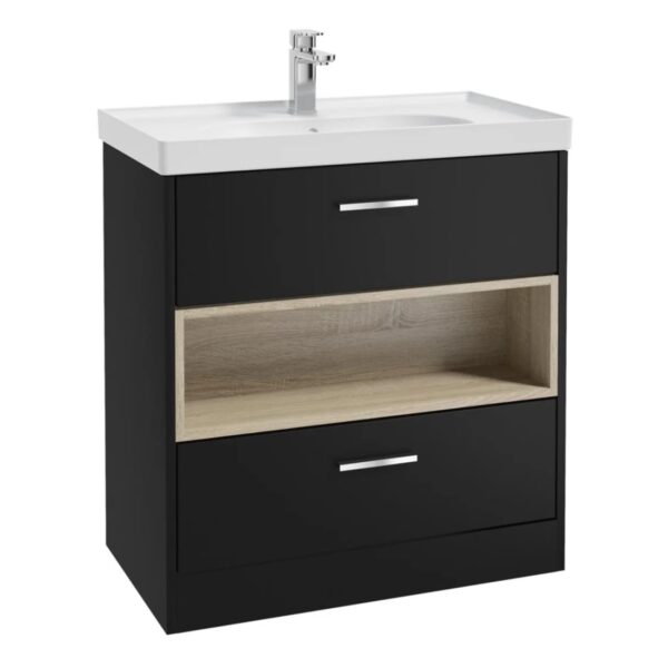 MALMO 80cm Two Drawer Matt Black Floor Standing Vanity Unit Matt Basin - Brushed Chrome Handle